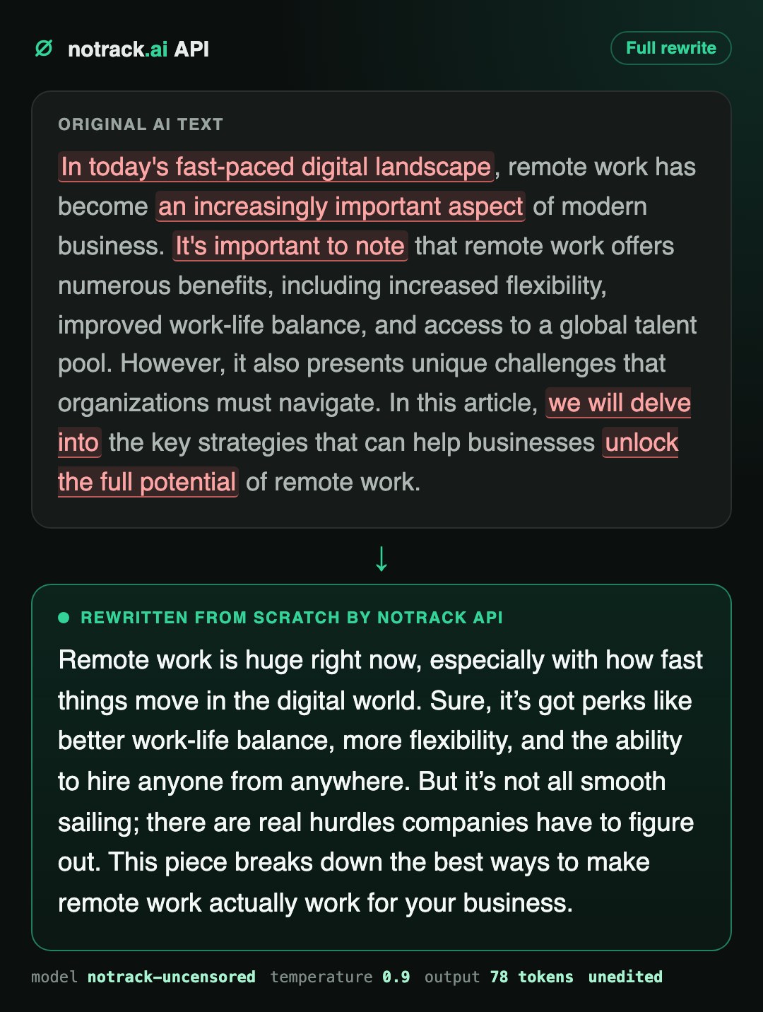 A full rewrite of an AI paragraph with NoTrack API